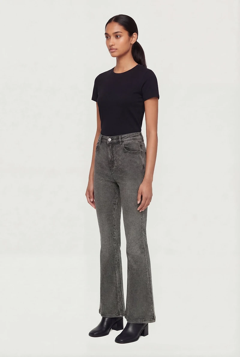 Trendy Mid Rise Rhinestone Flare Leg Jeans
