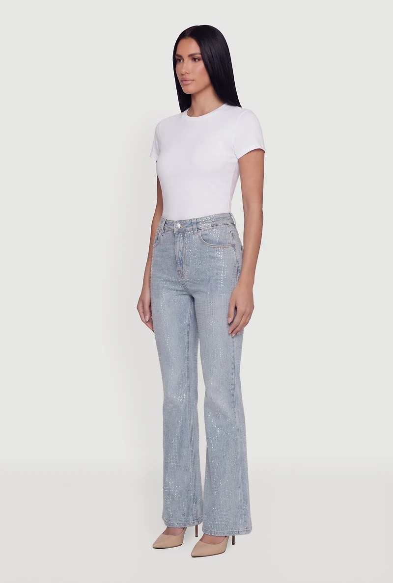 Trendy Mid Rise Rhinestone Flare Leg Jeans
