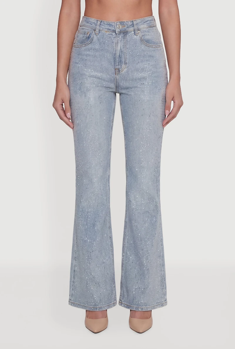 Trendy Mid Rise Rhinestone Flare Leg Jeans