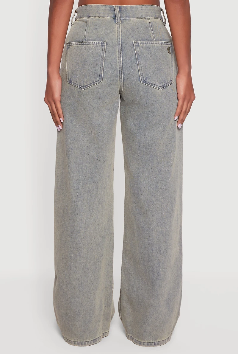 Womens Adjustable Waist Detail Acid Wash Jeans, Blue,