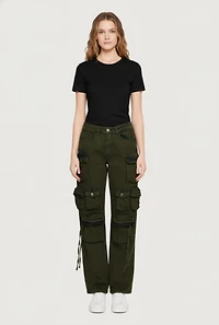 Womens Wide Leg Cargo Pocket Jeans, Green, Size 5