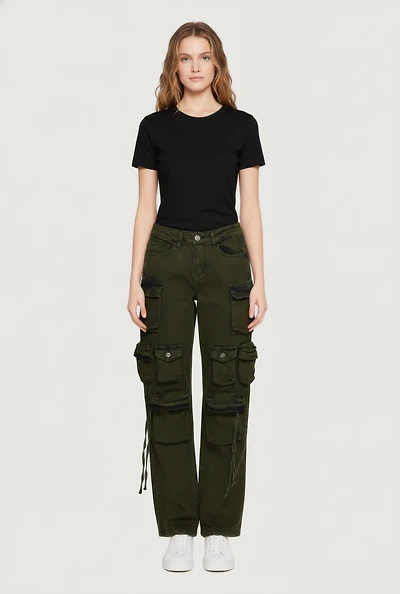 Womens Wide Leg Cargo Pocket Jeans, Green,