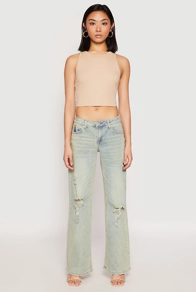 Womens VIP Distressed Low Rise Wide Leg Jeans, Multi,