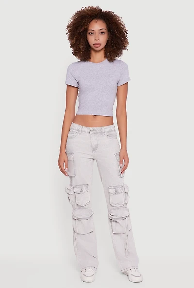 Womens VIP Acid Wash Straight Leg Cargo Pocket Jeans, Grey, Size 3-4