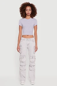 Womens VIP Acid Wash Straight Leg Cargo Pocket Jeans, Grey, Size 3-4