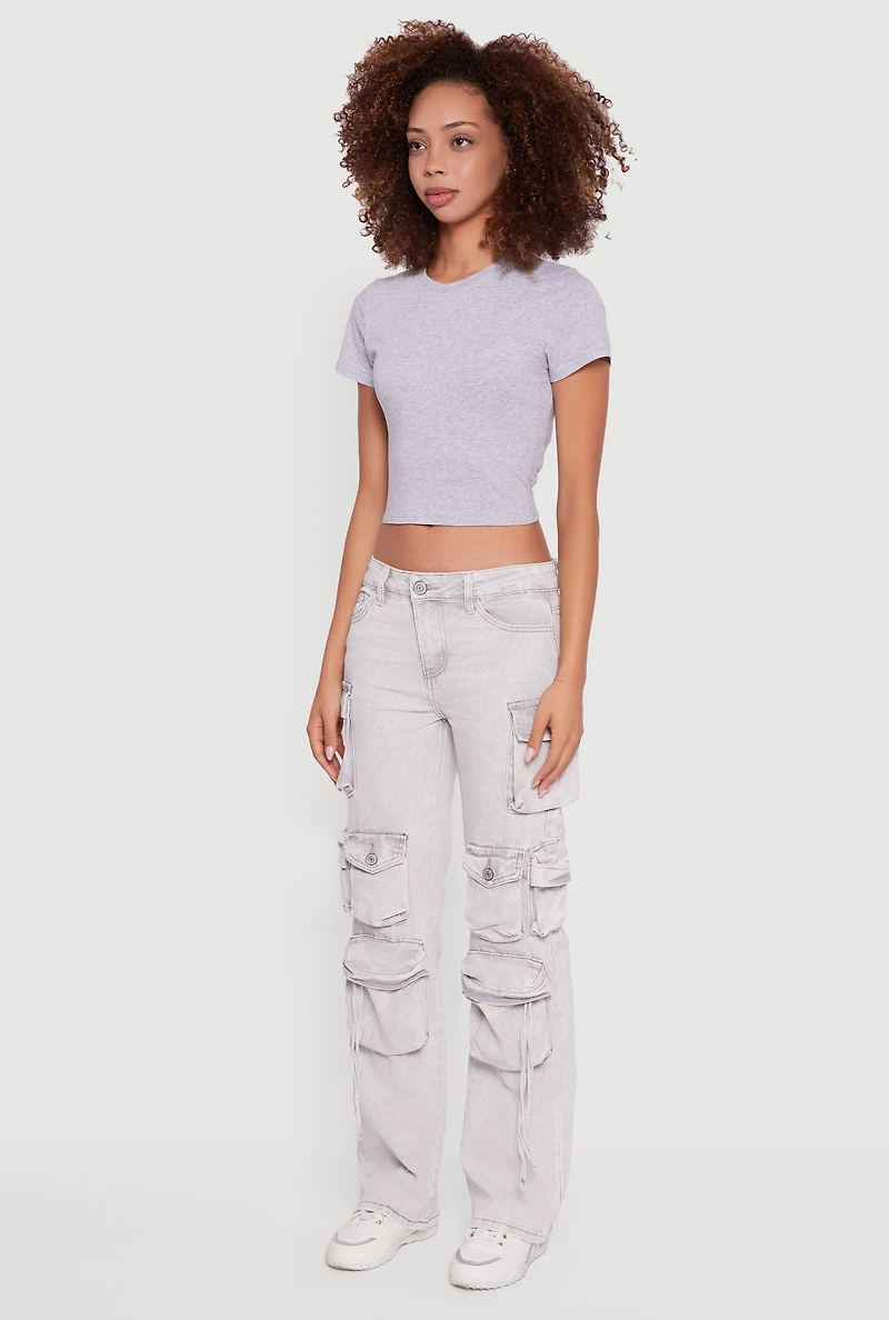 Womens VIP Acid Wash Straight Leg Cargo Pocket Jeans, Grey, Size 3-4