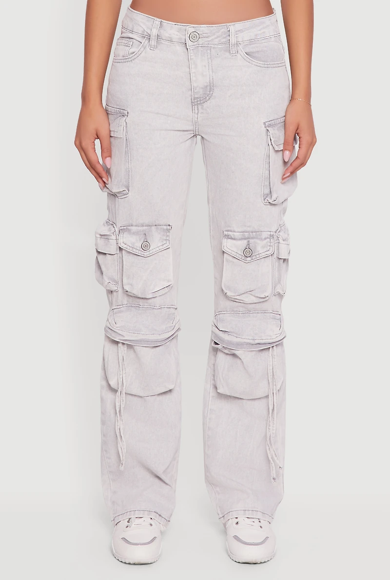 Womens VIP Acid Wash Straight Leg Cargo Pocket Jeans, Grey,