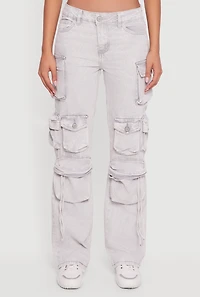 Womens VIP Acid Wash Straight Leg Cargo Pocket Jeans, Grey,