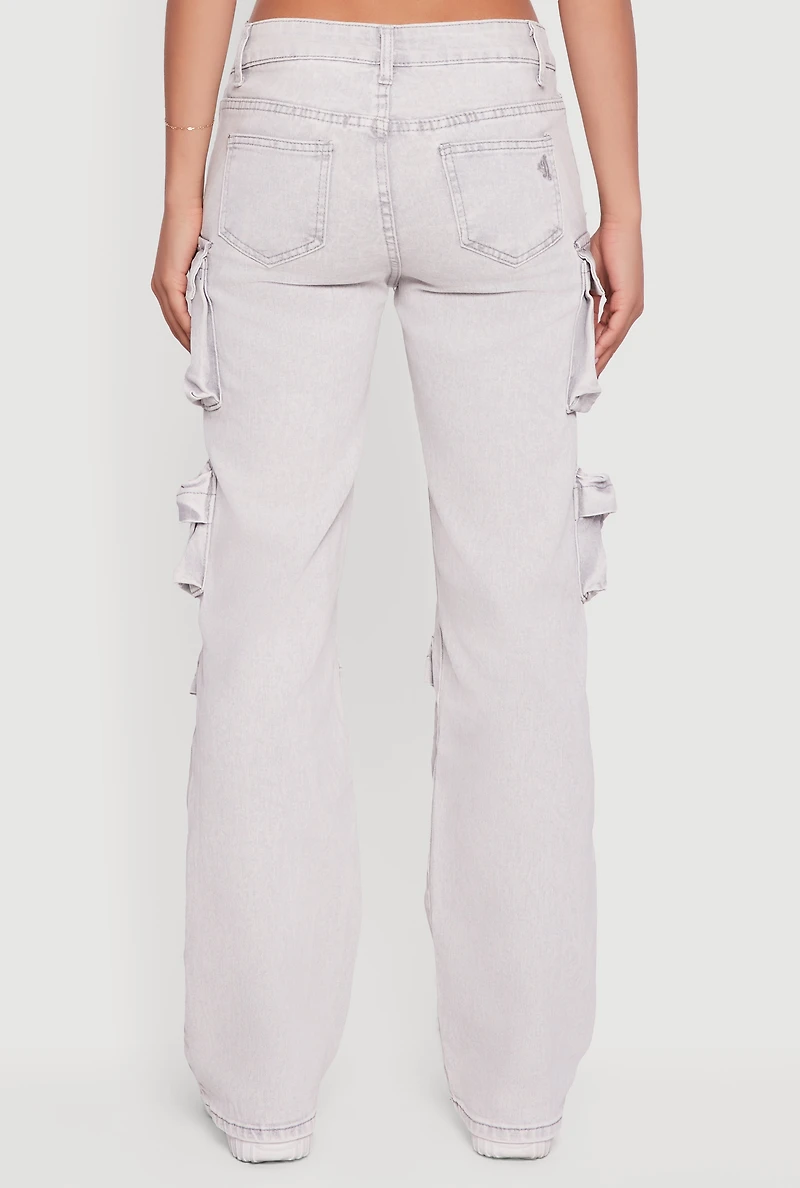 Womens VIP Acid Wash Straight Leg Cargo Pocket Jeans, Grey, Size 3-4