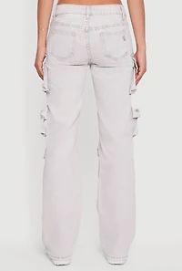 Womens VIP Acid Wash Straight Leg Cargo Pocket Jeans, Grey, Size 3-4