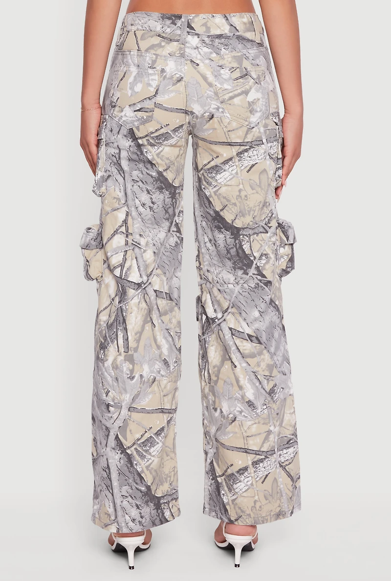 Womens Hunter Camo Wide Leg Cargo Pocket Pants, Multi, Size 9-10