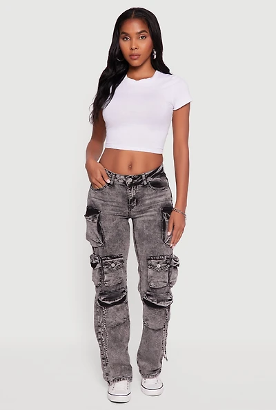 Womens VIP Acid Wash Slim Leg Utility Jeans, Grey, Size 7-8