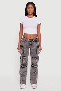 Womens VIP Acid Wash Slim Leg Utility Jeans, Grey, Size 7-8