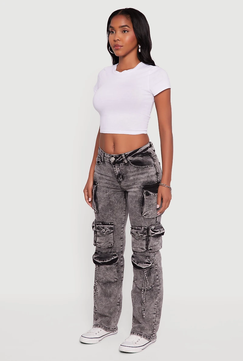 Womens VIP Acid Wash Slim Leg Utility Jeans, Grey, Size 7-8