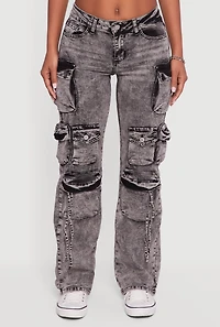 Womens VIP Acid Wash Slim Leg Utility Jeans, Grey, Size 7-8