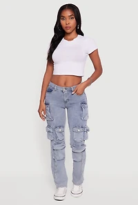 Womens VIP Acid Wash Cargo Jeans, Blue,