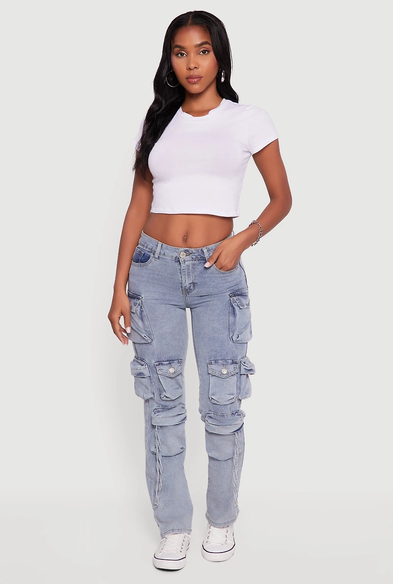 Womens VIP Acid Wash Cargo Jeans, Blue, Size 7-8