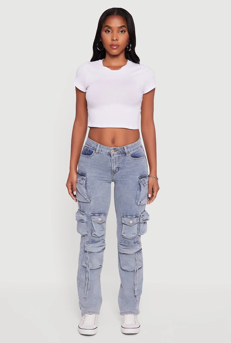 Womens Acid Wash Straight-Leg Cargo Jeans, Blue, Size 9-10