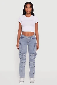 Womens VIP Acid Wash Cargo Jeans, Blue, Size 7-8