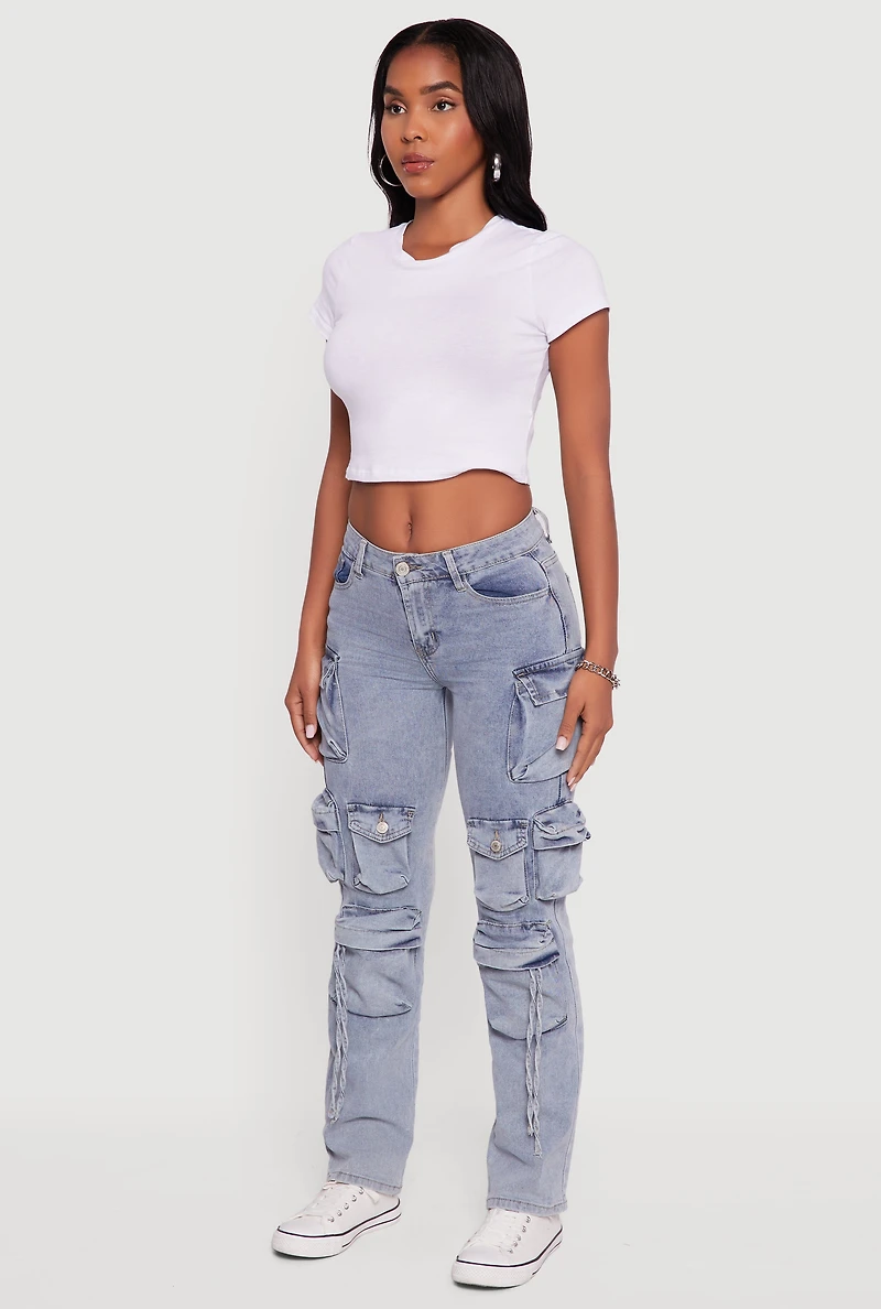 Womens Acid Wash Straight-Leg Cargo Jeans, Blue, Size 9-10