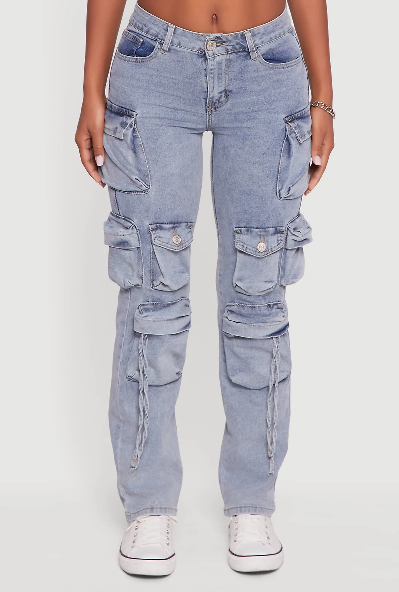 Womens VIP Acid Wash Cargo Jeans, Blue,
