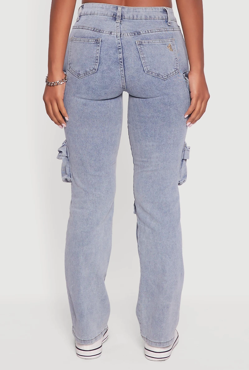 Womens VIP Acid Wash Cargo Jeans, Blue, Size 7-8