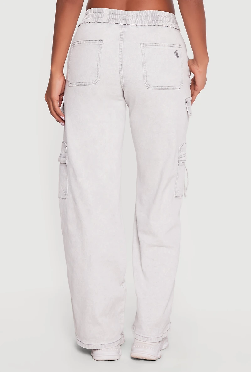 Acid Wash Drawstring Waist Cargo Jeans