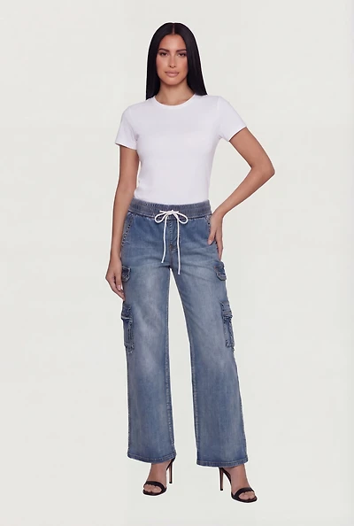 Acid Wash Drawstring Waist Cargo Jeans