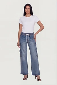 Acid Wash Drawstring Waist Cargo Jeans
