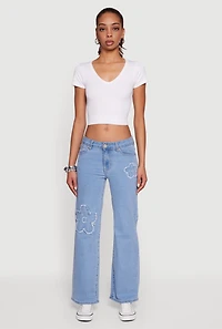 Frayed Floral Applique Straight Leg Jeans