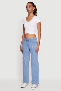 Frayed Floral Applique Straight Leg Jeans
