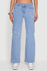 Womens Frayed Floral Applique Straight Leg Jeans, Blue, Size 15