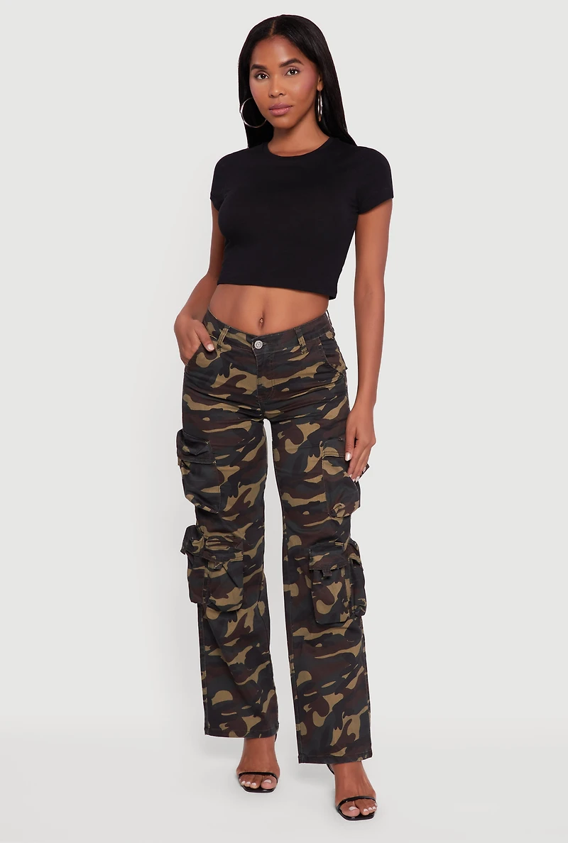 Womens VIP Mid Rise Straight Leg Camouflage Cargo Pants, Green,