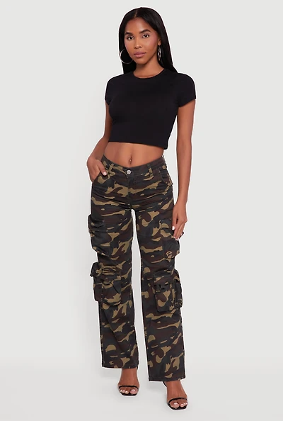 Womens VIP Mid Rise Straight Leg Camouflage Cargo Pants, Green,