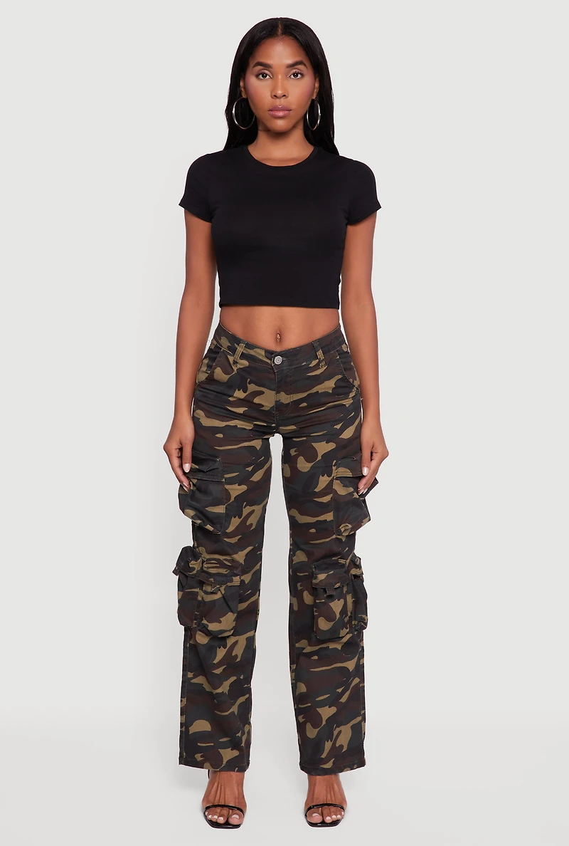 Womens VIP Mid Rise Straight Leg Camouflage Cargo Pants, Green,