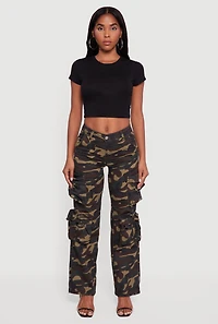 Womens VIP Mid Rise Straight Leg Camouflage Cargo Pants, Green,