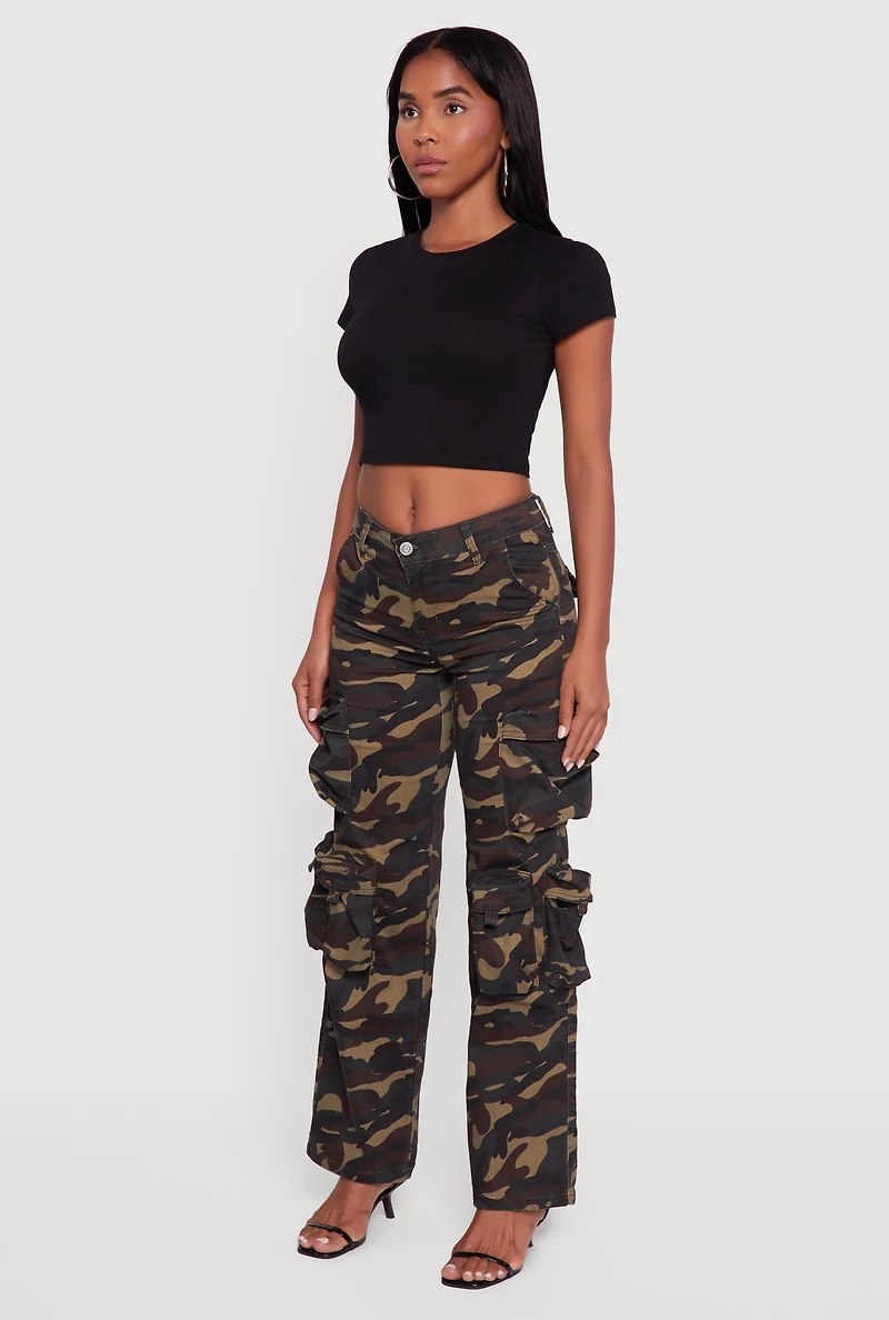 Womens VIP Mid Rise Straight Leg Camouflage Cargo Pants, Green, Size 3