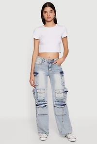 Trendy Acid Wash Cargo Pocket Straight Leg Jeans