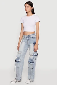 Trendy Acid Wash Cargo Pocket Straight Leg Jeans
