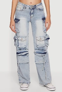 Trendy Acid Wash Cargo Pocket Straight Leg Jeans