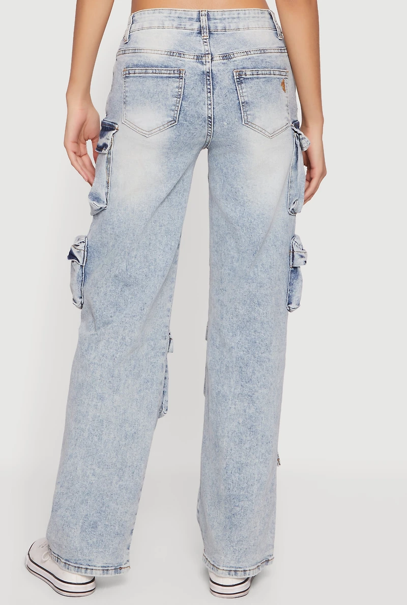 Trendy Acid Wash Cargo Pocket Straight Leg Jeans