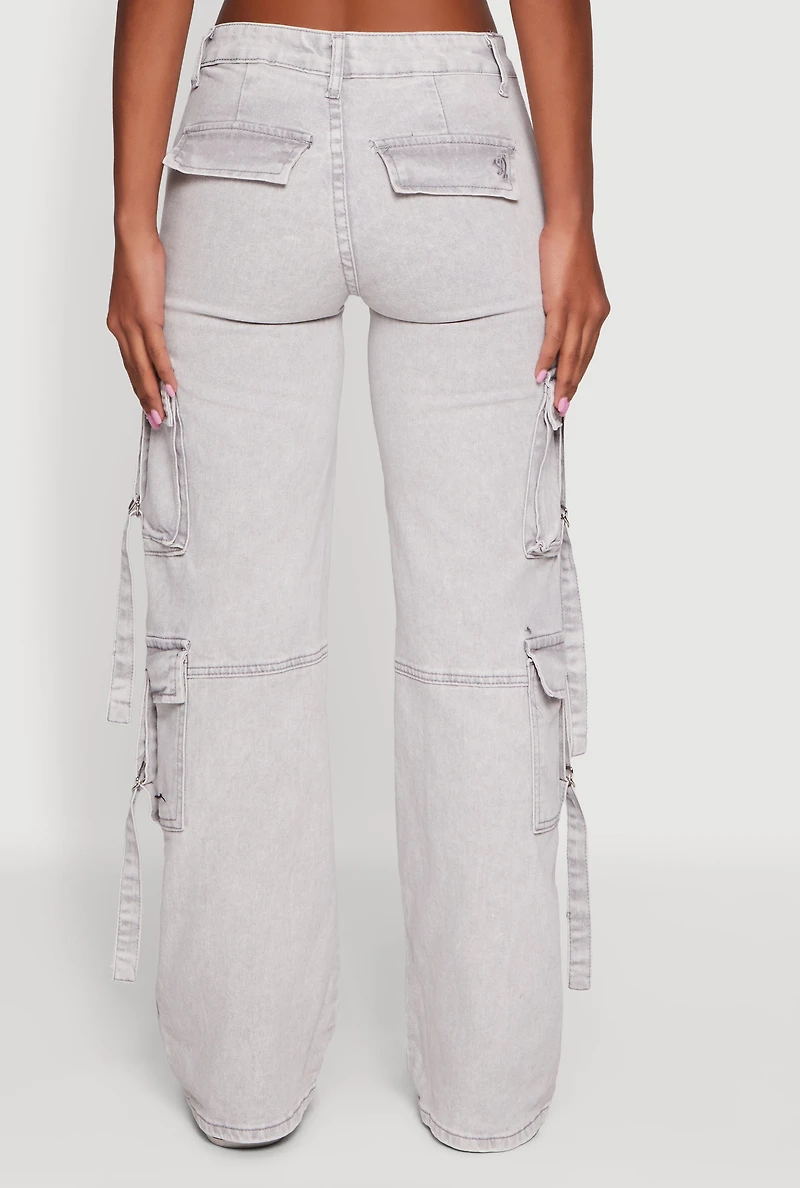 Acid Wash Cargo Pocket Straight Leg Jeans