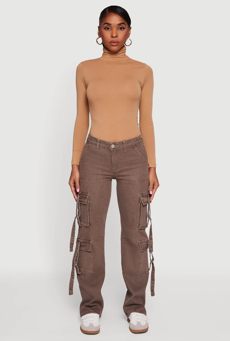 Womens Acid Wash Cargo Pocket Straight Leg Jeans,