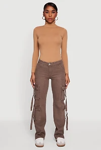 Womens Acid Wash Cargo Pocket Straight Leg Jeans,