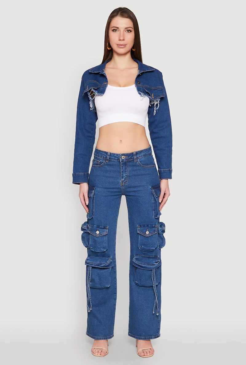 Womens VIP Tassel Cargo Pocket Jeans, Blue,