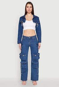 Womens VIP Tassel Cargo Pocket Jeans, Blue,