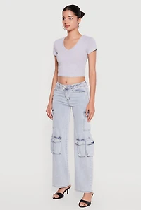 Acid Wash Straight Leg Cargo Pocket Jeans