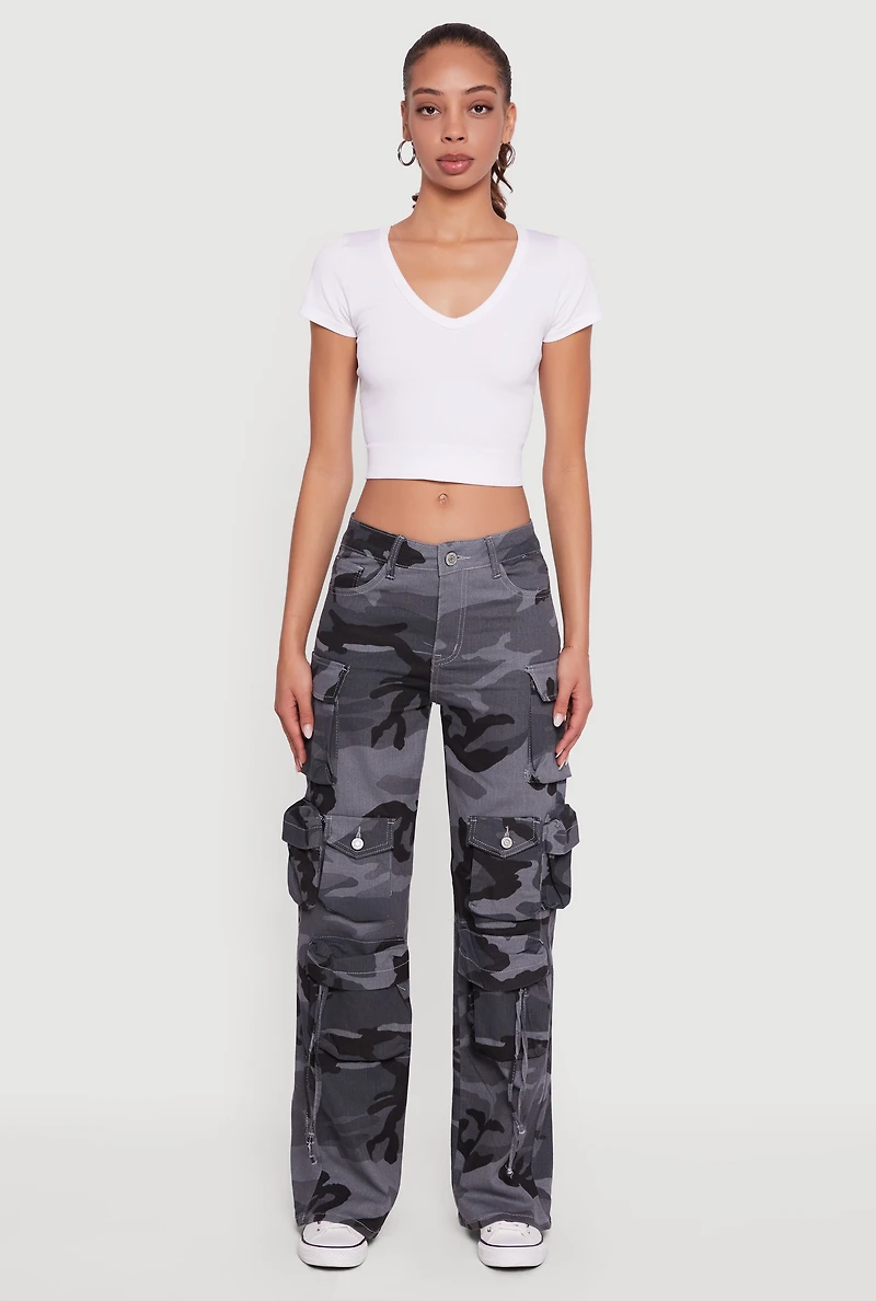 Womens VIP Camouflage Cargo Pocket Straight Leg Jeans, Grey,