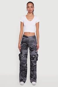 Womens VIP Camouflage Cargo Pocket Straight Leg Jeans, Grey,