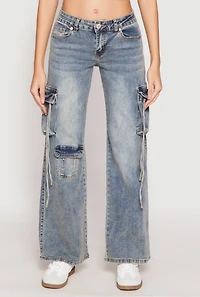 Womens VIP Acid Wash Cargo Pocket Low Rise Jeans, Blue, Size 5-6